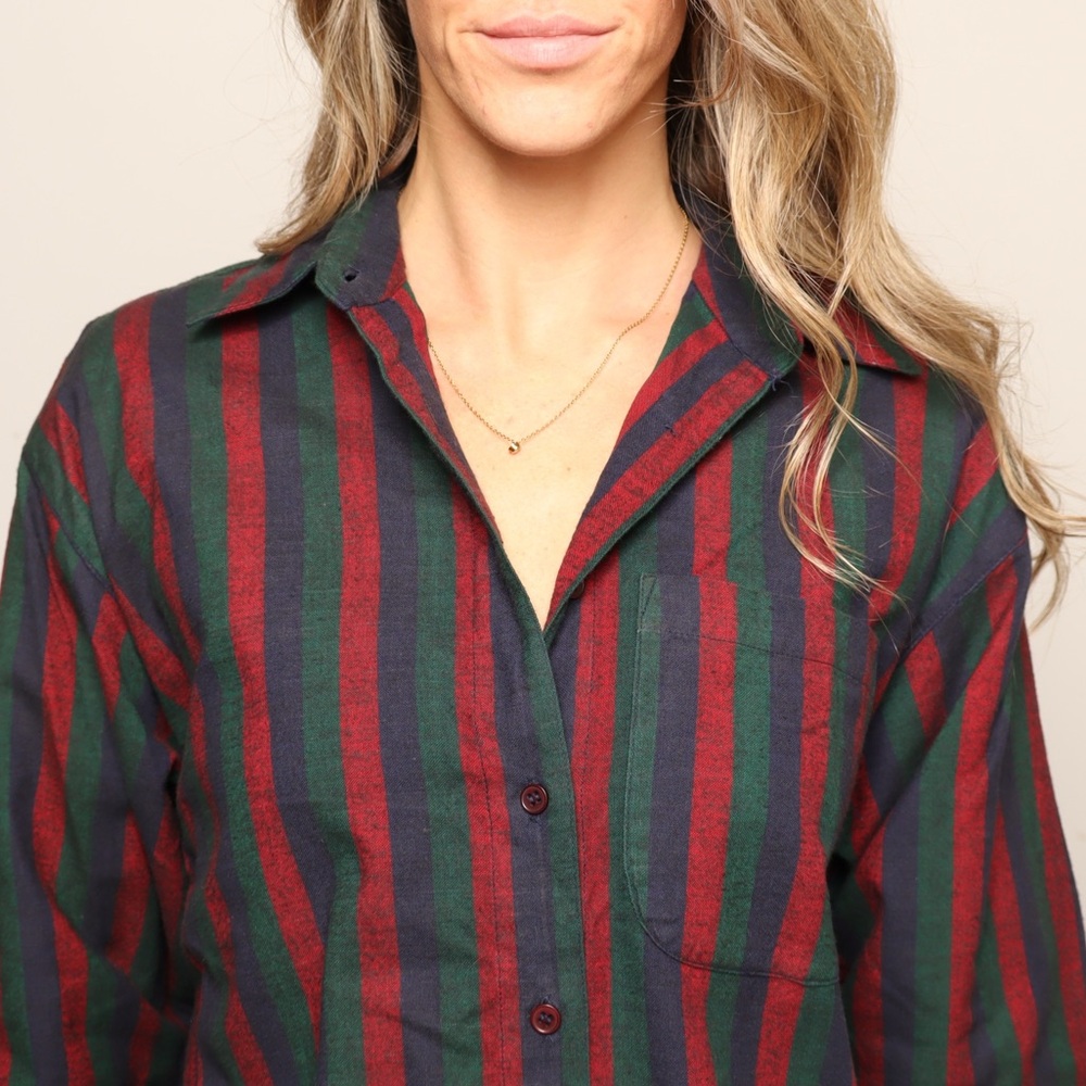 Vintage SAGE Men's Striped Green and Red Casual Button Shirt
